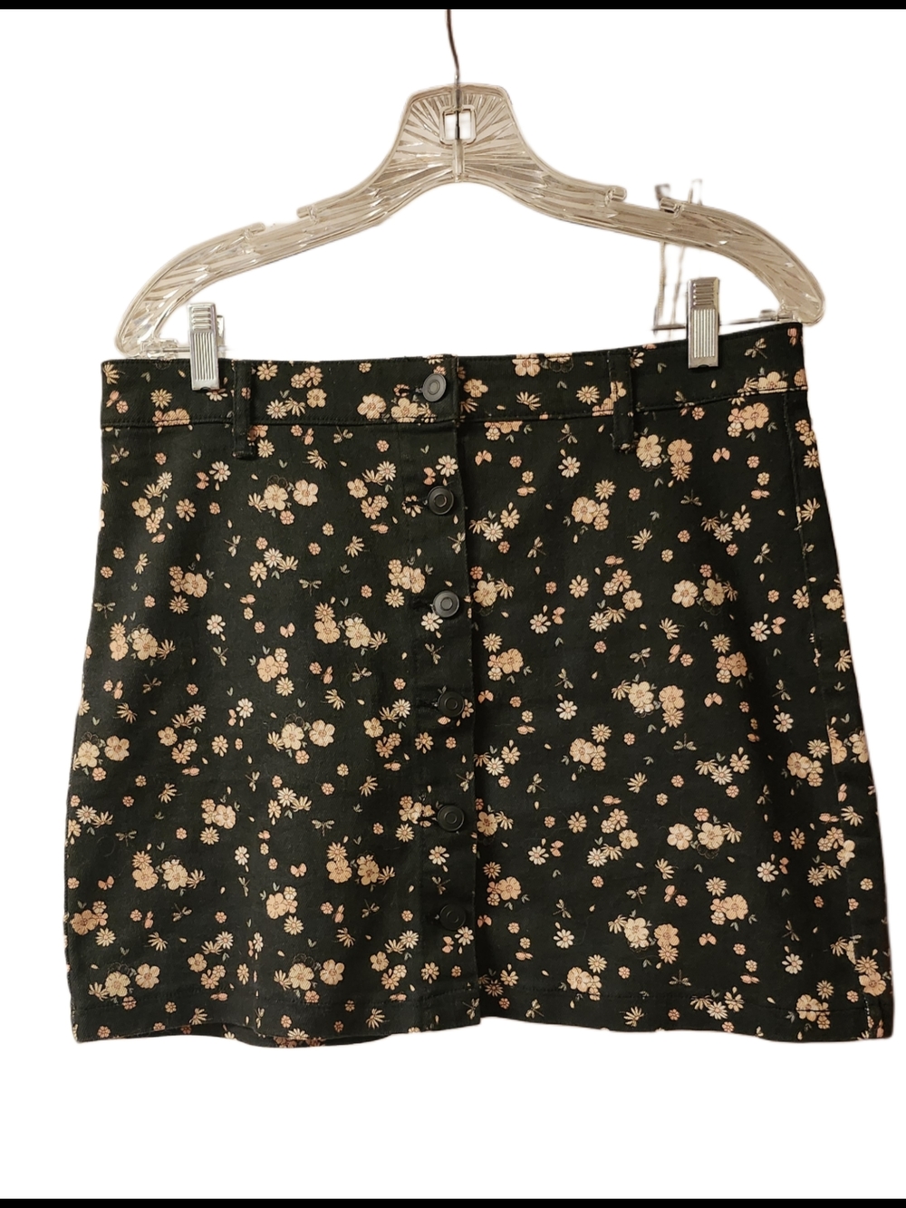 Cotton Denim Black Floral Button-Front Mini Skirt Large Like New Natural Fibers